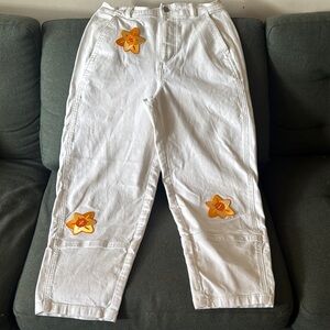 Everlane White Wide Leg Pants with Orange Floral Accents